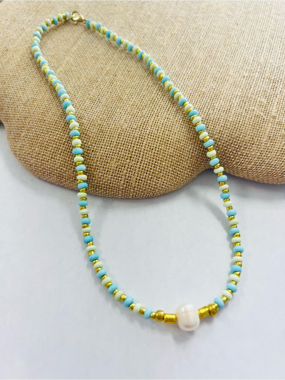 Green & Aqua Beaded Necklace with Pearl and Gold Accent